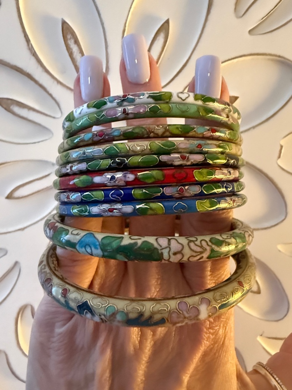 Cloisonné Floral Bangle Bracelet Set - Green Multi
